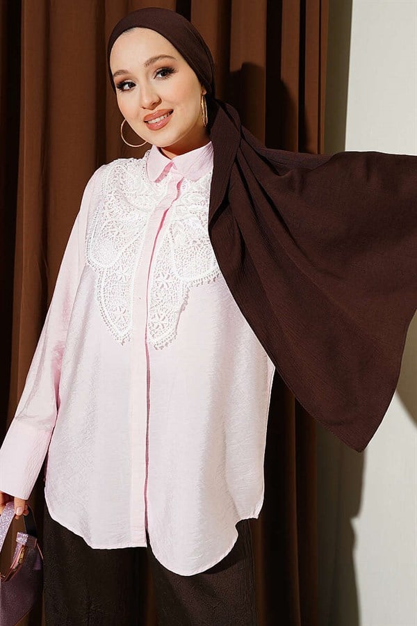 Pink Shirt with Butterfly Lace Detail