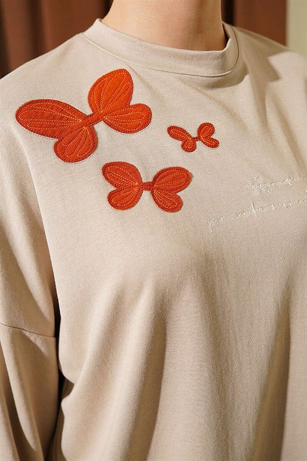 Butterfly Embroidered 2 Piece Set, Beige