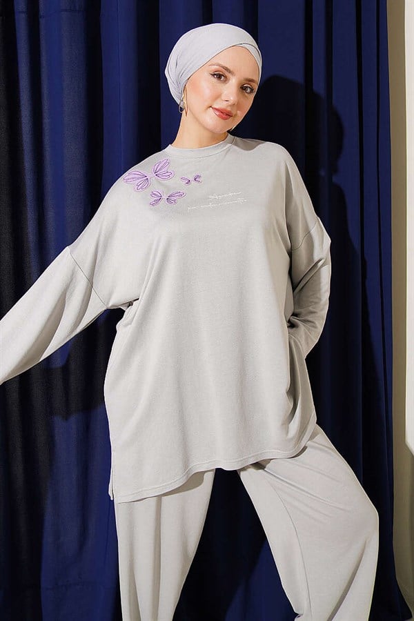 Butterfly Embroidered 2 Piece Set, Gray