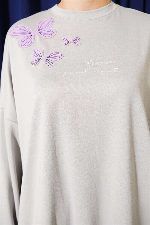 Butterfly Embroidered 2 Piece Set, Gray
