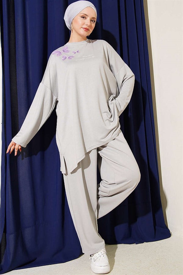 Butterfly Embroidered 2 Piece Set, Gray