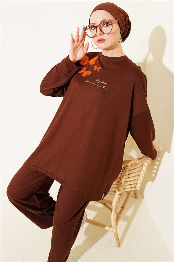 Butterfly Embroidered 2 Piece Set in Coffee