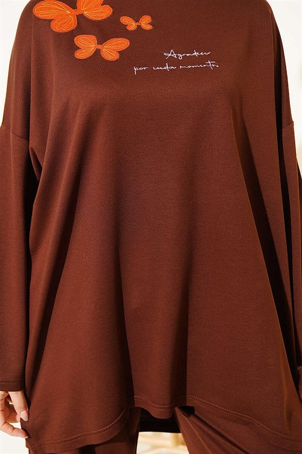 Butterfly Embroidered 2 Piece Set in Coffee