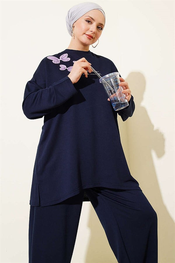 Butterfly Embroidered 2 Piece Set, Navy Blue