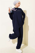 Butterfly Embroidered 2 Piece Set, Navy Blue