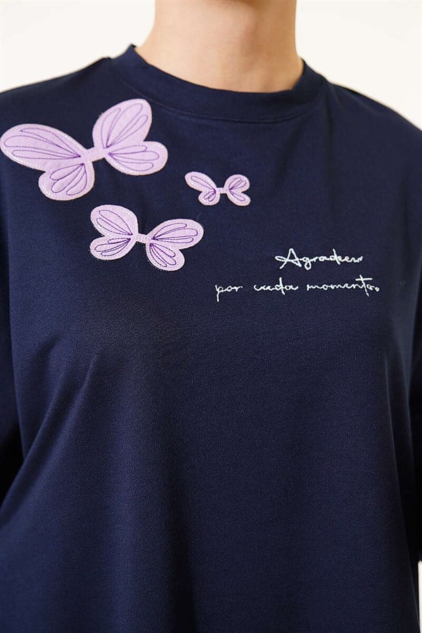 Butterfly Embroidered 2 Piece Set, Navy Blue