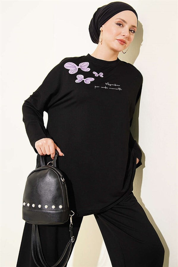 Butterfly Embroidered 2 Piece Set, Black