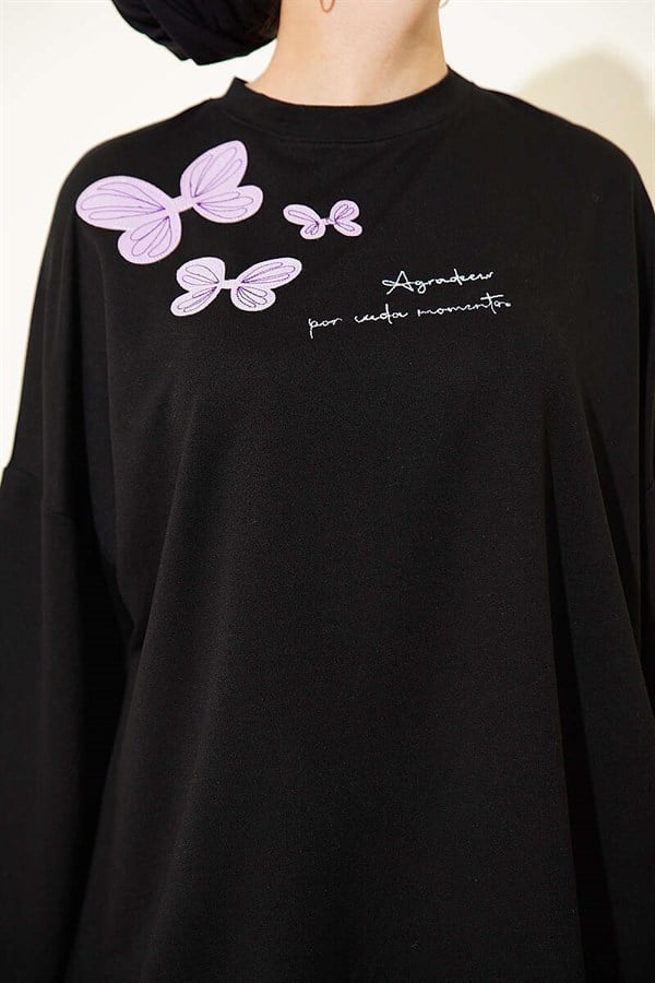 Butterfly Embroidered 2 Piece Set, Black