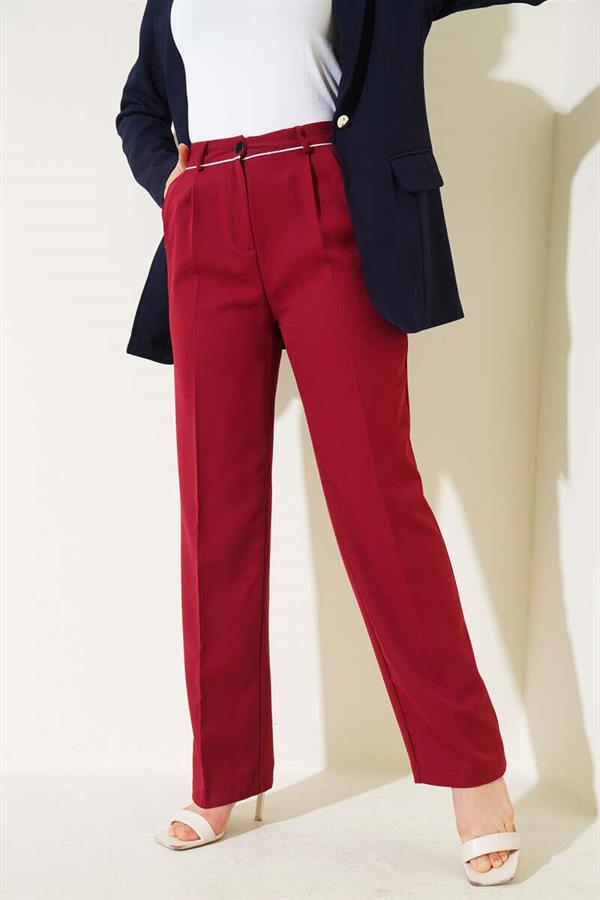 Fabric Trousers with Belt Piping Burgundy