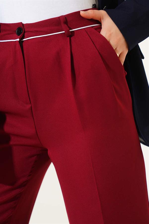 Fabric Trousers with Belt Piping Burgundy