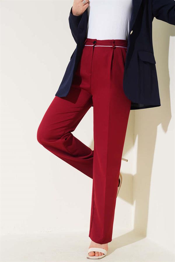 Fabric Trousers with Belt Piping Burgundy