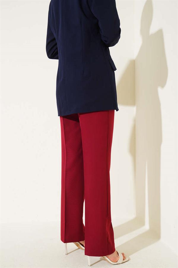 Fabric Trousers with Belt Piping Burgundy