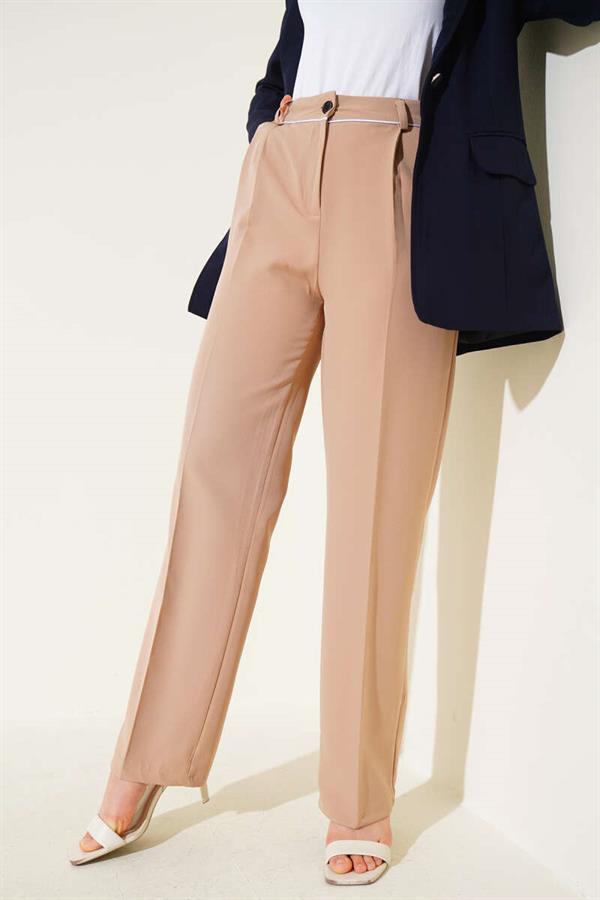 Fabric Trousers with Belt Piping Latte
