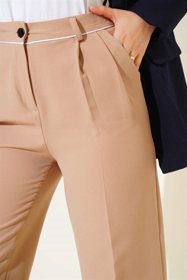 Fabric Trousers with Belt Piping Latte
