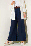 Belt Detailed Wide Leg Trousers Navy Blue