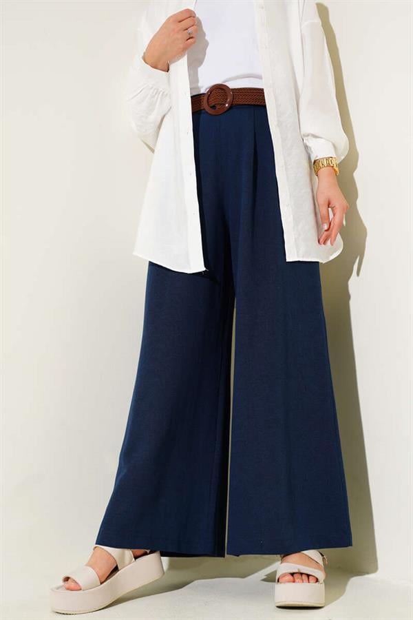 Belt Detailed Wide Leg Trousers Navy Blue