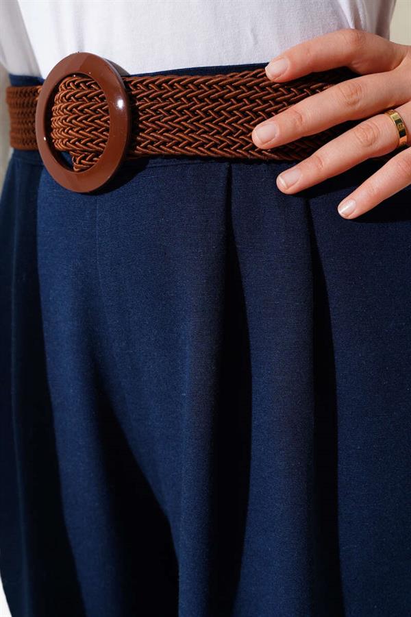 Belt Detailed Wide Leg Trousers Navy Blue