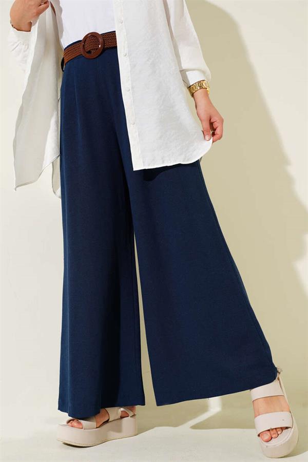 Belt Detailed Wide Leg Trousers Navy Blue