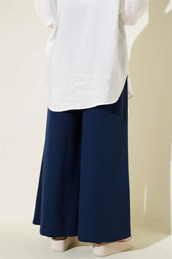 Belt Detailed Wide Leg Trousers Navy Blue