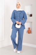 Belt Detail Jacket, Pants, and Denim 2 Piece Set, Light Blue