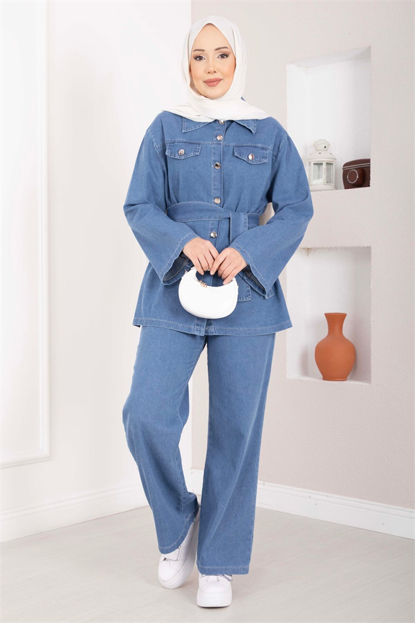 Belt Detail Jacket, Pants, and Denim 2 Piece Set, Light Blue