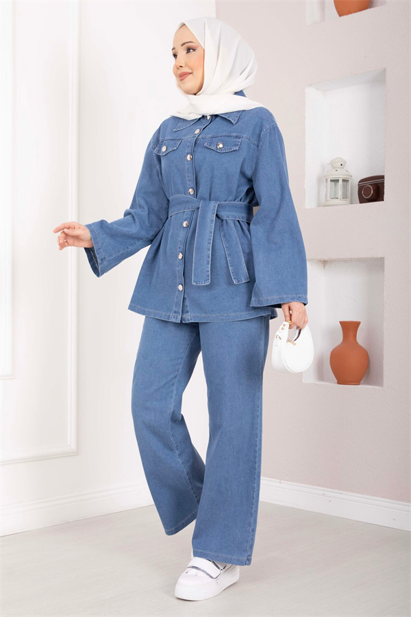 Belt Detail Jacket, Pants, and Denim 2 Piece Set, Light Blue