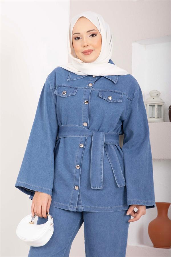 Belt Detail Jacket, Pants, and Denim 2 Piece Set, Light Blue
