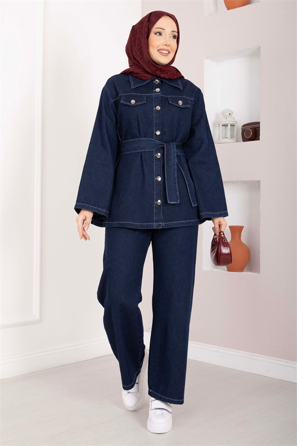 Belt Detail Jacket, Pants, and Denim 2 Piece Set, Dark Blue