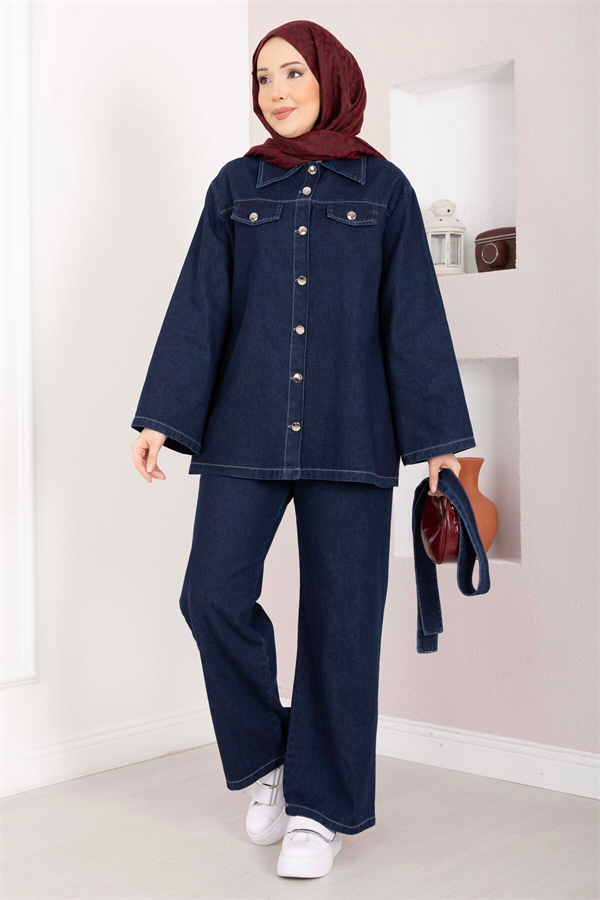 Belt Detail Jacket, Pants, and Denim 2 Piece Set, Dark Blue
