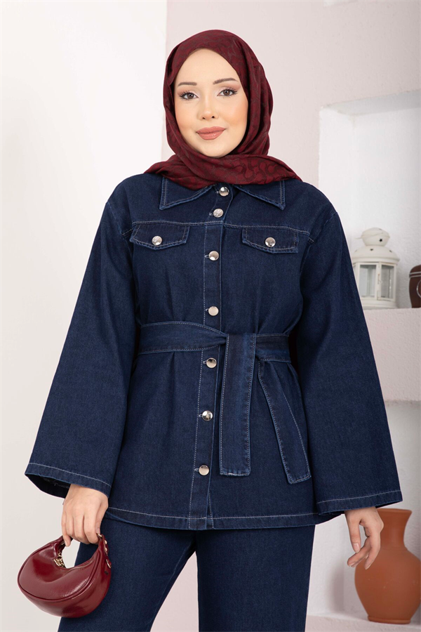 Belt Detail Jacket, Pants, and Denim 2 Piece Set, Dark Blue