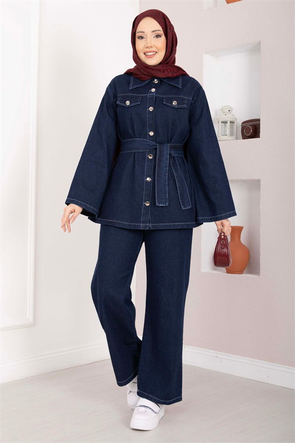 Belt Detail Jacket, Pants, and Denim 2 Piece Set, Dark Blue