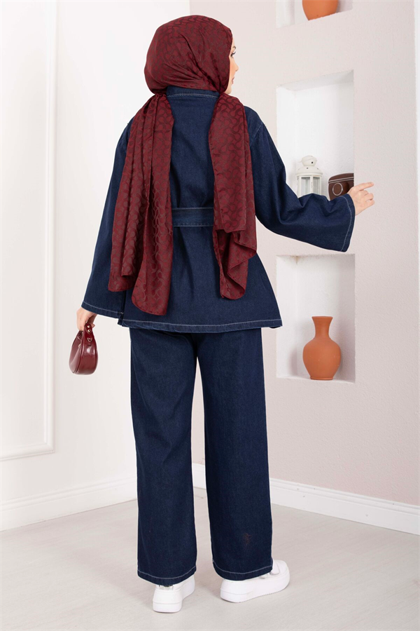 Belt Detail Jacket, Pants, and Denim 2 Piece Set, Dark Blue