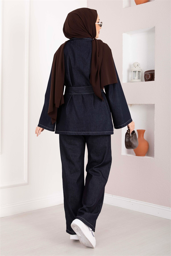 Jacket, Pants and Denim 2 Piece Set with Belt Detail, Navy Blue