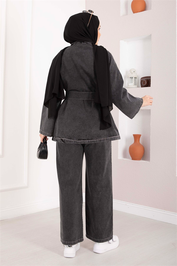 Belt Detail Jacket, Pants, and Denim 2 Piece Set, Black