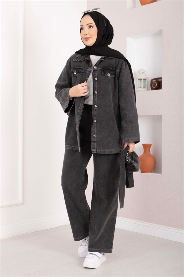 Belt Detail Jacket, Pants, and Denim 2 Piece Set, Black
