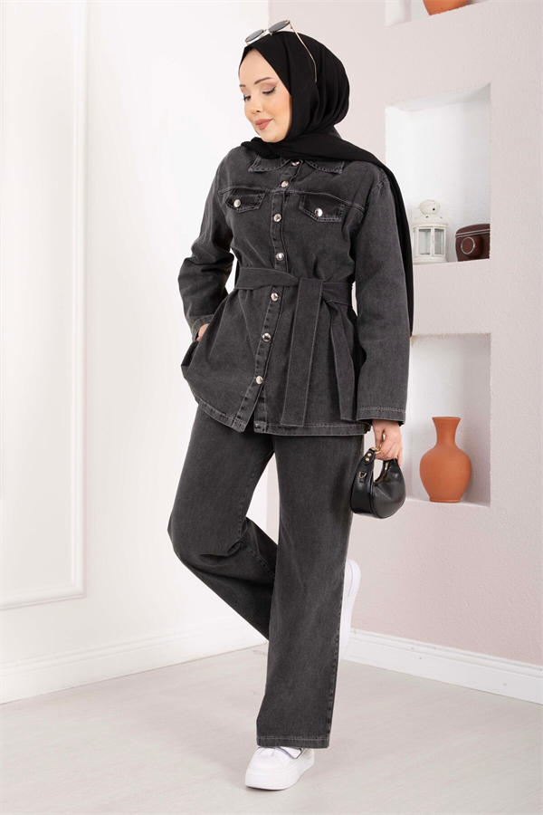 Belt Detail Jacket, Pants, and Denim 2 Piece Set, Black