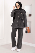 Belt Detail Jacket, Pants, and Denim 2 Piece Set, Black