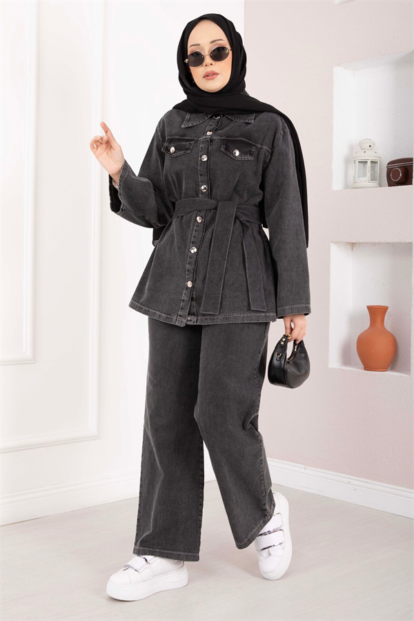 Belt Detail Jacket, Pants, and Denim 2 Piece Set, Black