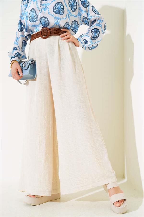 Belt Detailed Bell-bottomed Trousers Beige