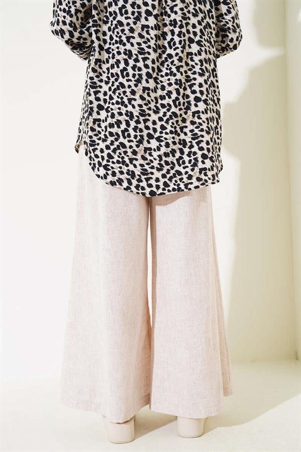 Belt Detailed Bell-bottomed Trousers in Flecked Beige