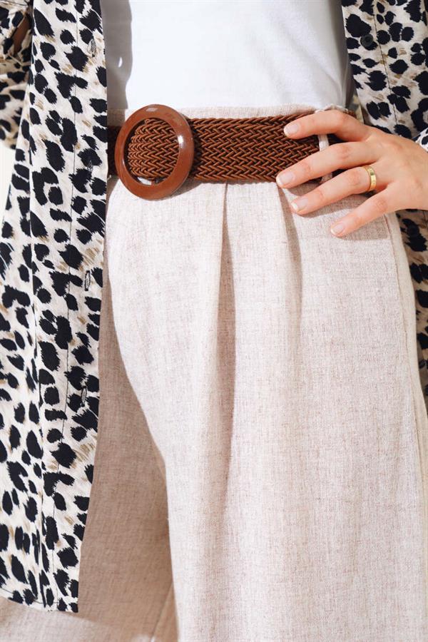 Belt Detailed Bell-bottomed Trousers in Flecked Beige