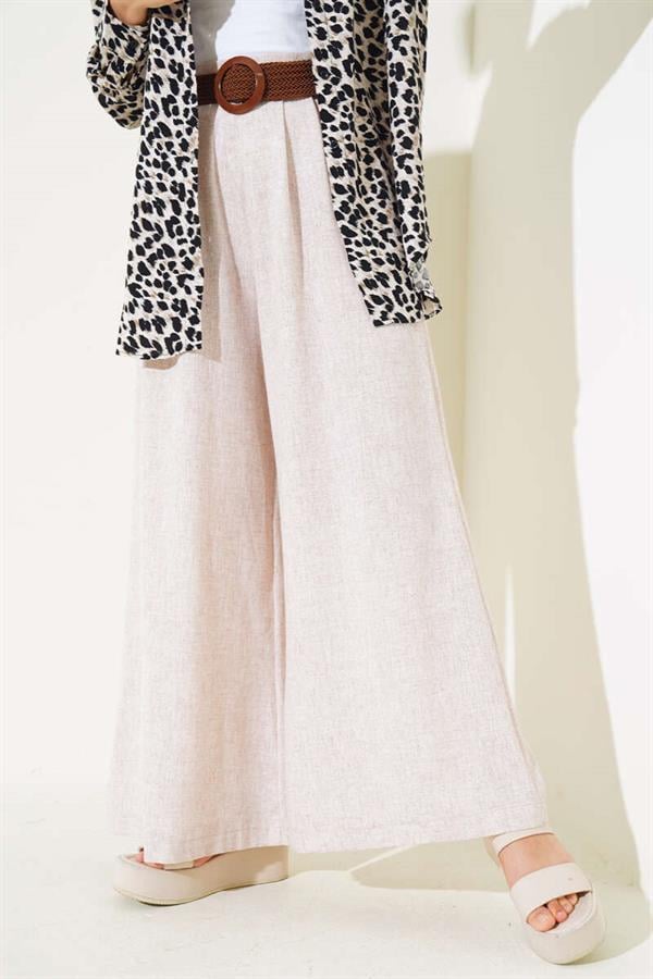 Belt Detailed Bell-bottomed Trousers in Flecked Beige