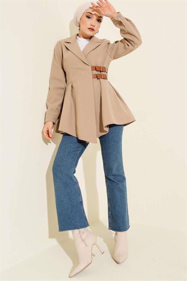 Belt Detailed Cashmere Jacket Beige