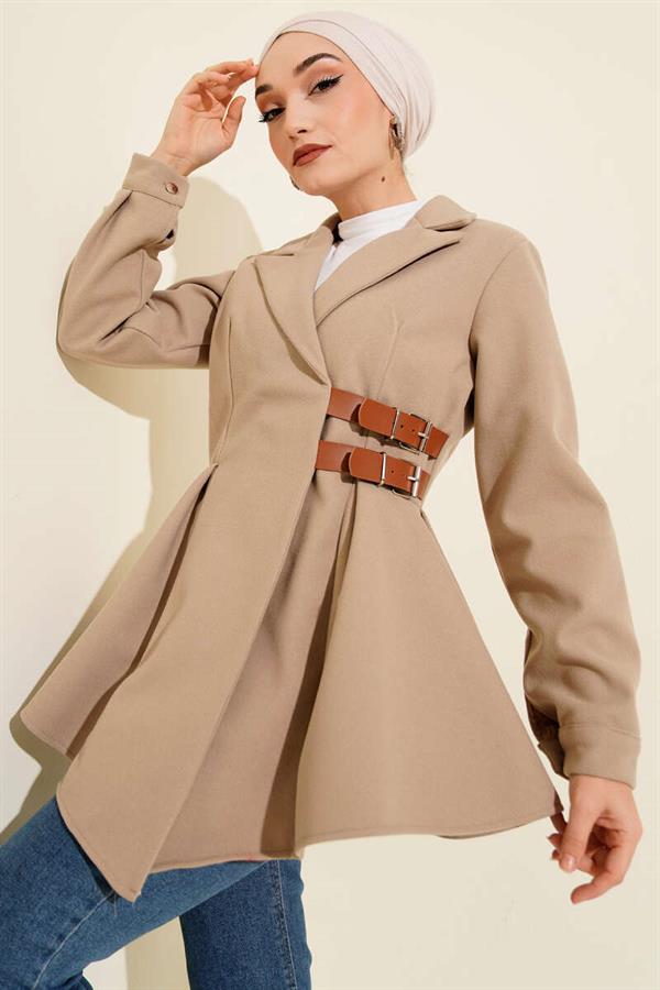 Belt Detailed Cashmere Jacket Beige