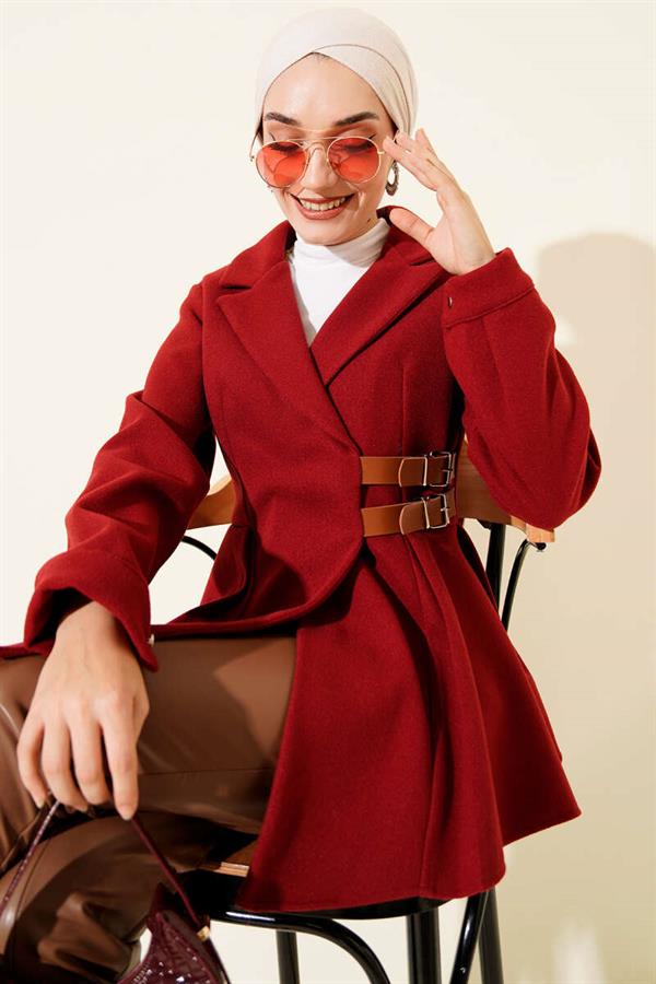 Belt Detailed Cashmere Jacket Burgundy