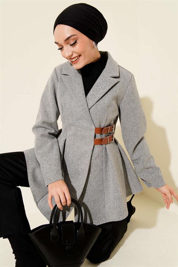 Belt Detailed Cashmere Jacket Gray
