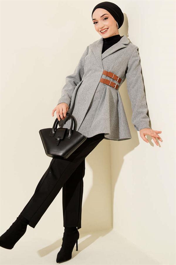 Belt Detailed Cashmere Jacket Gray