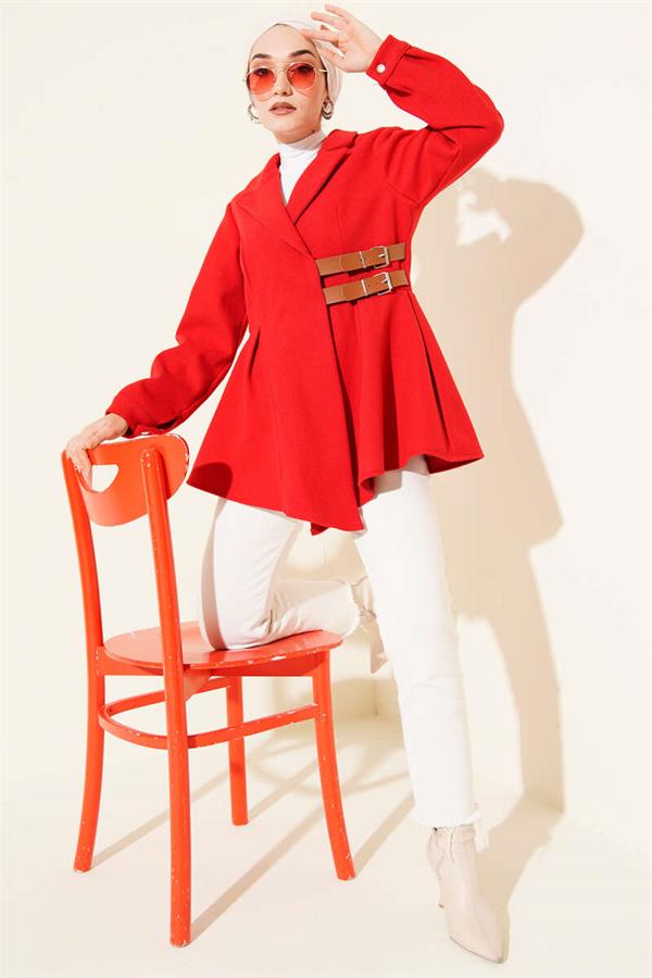 Belt Detailed Cashmere Jacket Red