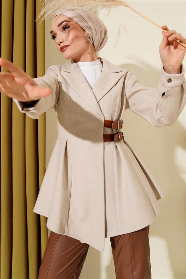 Belt Detailed Cashmere Jacket Stone