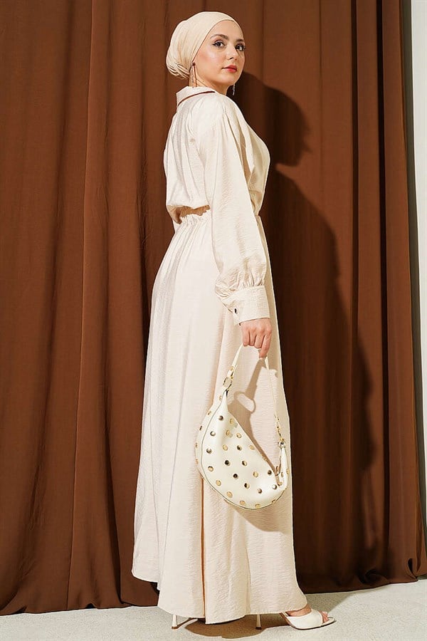 Belted, Darted, Flared Dress, Beige